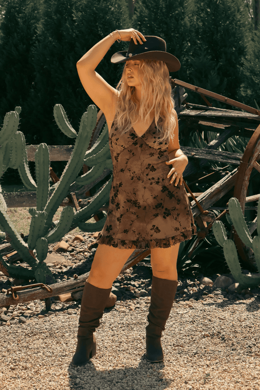HAVANA HALTER DRESS SEPIA PETAL - Fayt The Label