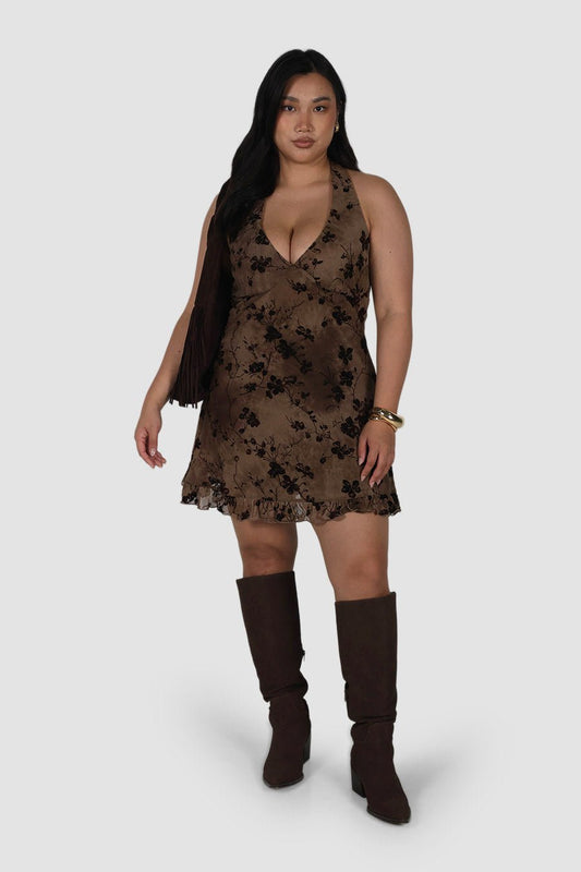 HAVANA HALTER DRESS SEPIA PETAL - Fayt The Label