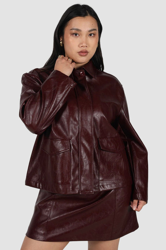 RAVEN PU LEATHER JACKET BURGUNDY - Fayt The Label