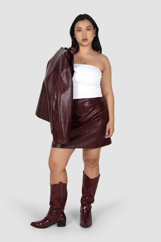 REVOLVER PU LEATHER SKIRT BURGUNDY - Fayt The Label