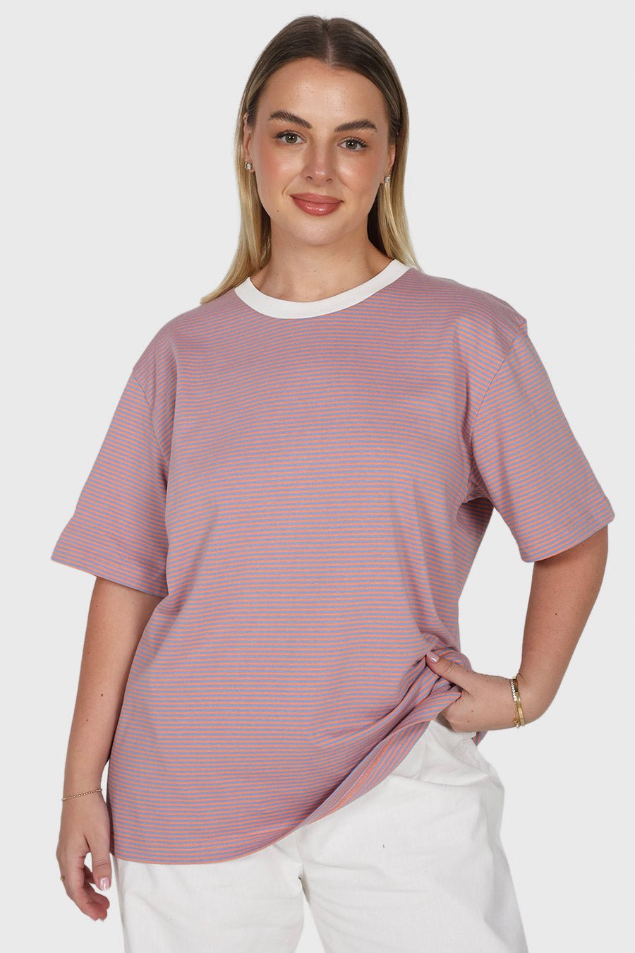 SPENCER STRIPE TEE PEACH/BLUE - Fayt The Label